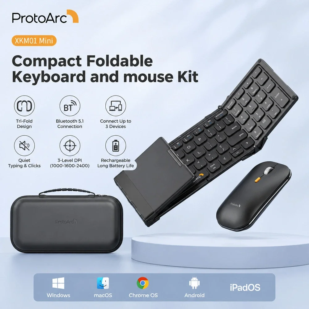 ProtoArc XKM01 Mini Foldable Bluetooth Keyboard Mouse Combo Case